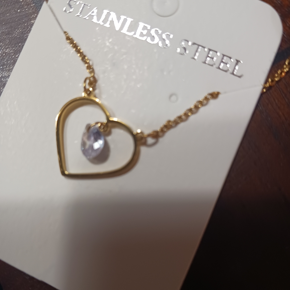 Stainless Steel Gold Heart Necklace with Crystal Charm. SILVER ALSO AVAILABLE